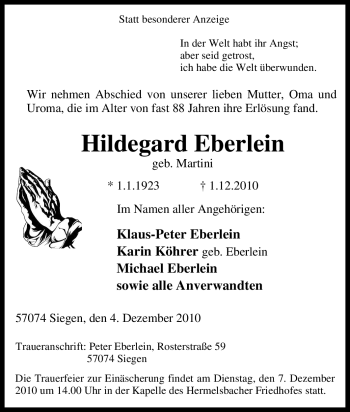 Traueranzeige von Hildegard Eberlein von Tageszeitung