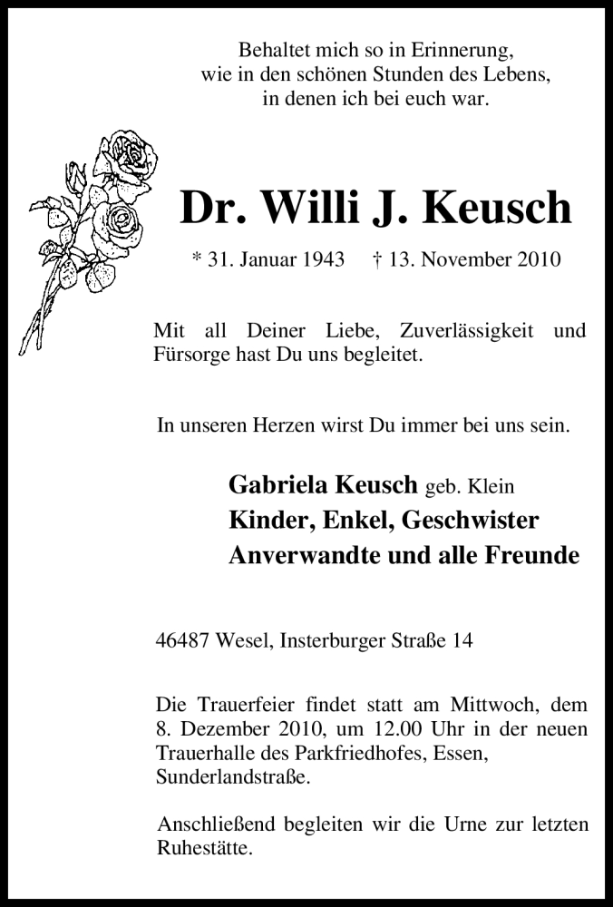 Traueranzeige für Willi J. Keusch vom 04.12.2010 aus Tageszeitung