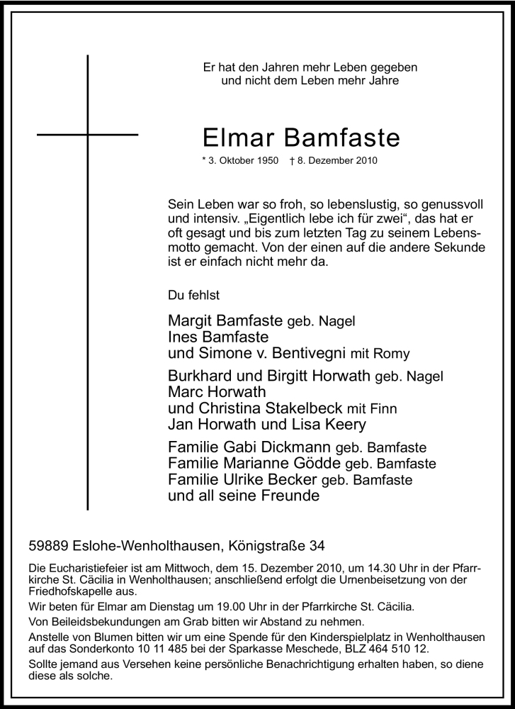  Traueranzeige für Elmar Bamfaste vom 10.12.2010 aus Tageszeitung