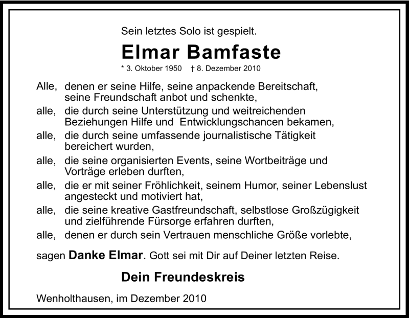  Traueranzeige für Elmar Bamfaste vom 14.12.2010 aus Tageszeitung