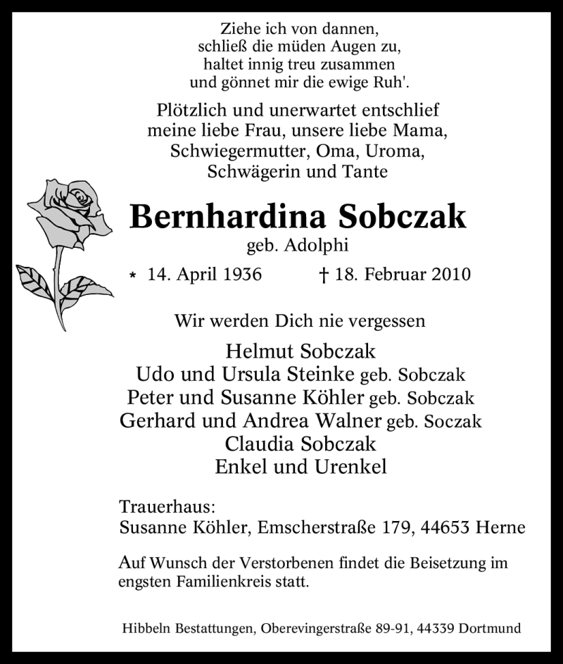  Traueranzeige für Bernhardina Sobczak vom 24.02.2010 aus Tageszeitung