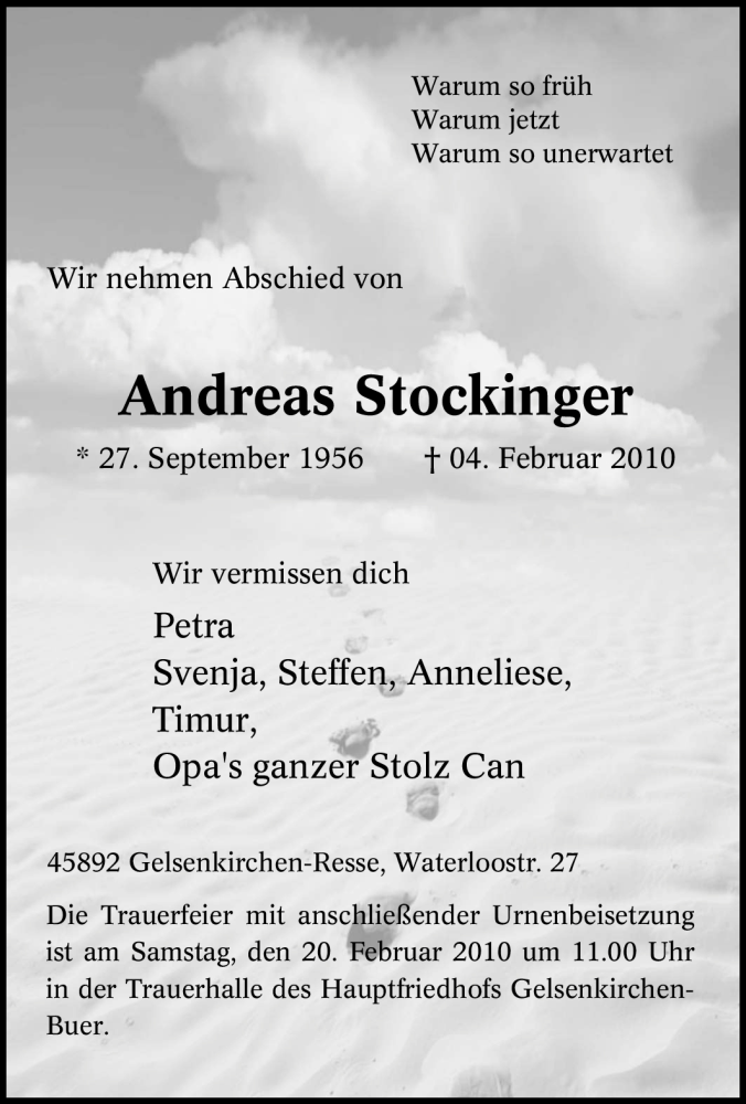  Traueranzeige für Andreas Stockinger vom 19.02.2010 aus Tageszeitung
