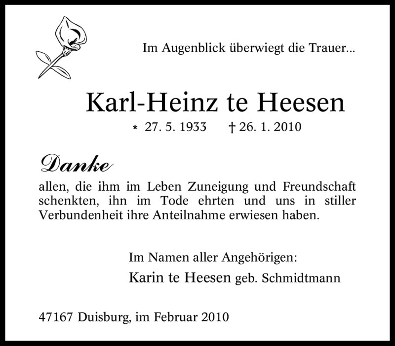  Traueranzeige für Karl-Heinz te Heesen vom 24.02.2010 aus Tageszeitung
