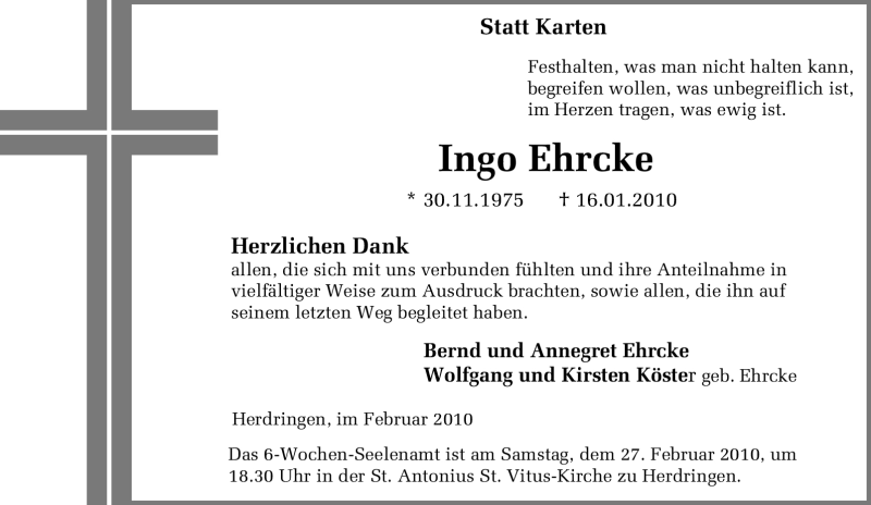  Traueranzeige für Ingo Ehrcke vom 20.02.2010 aus Tageszeitung