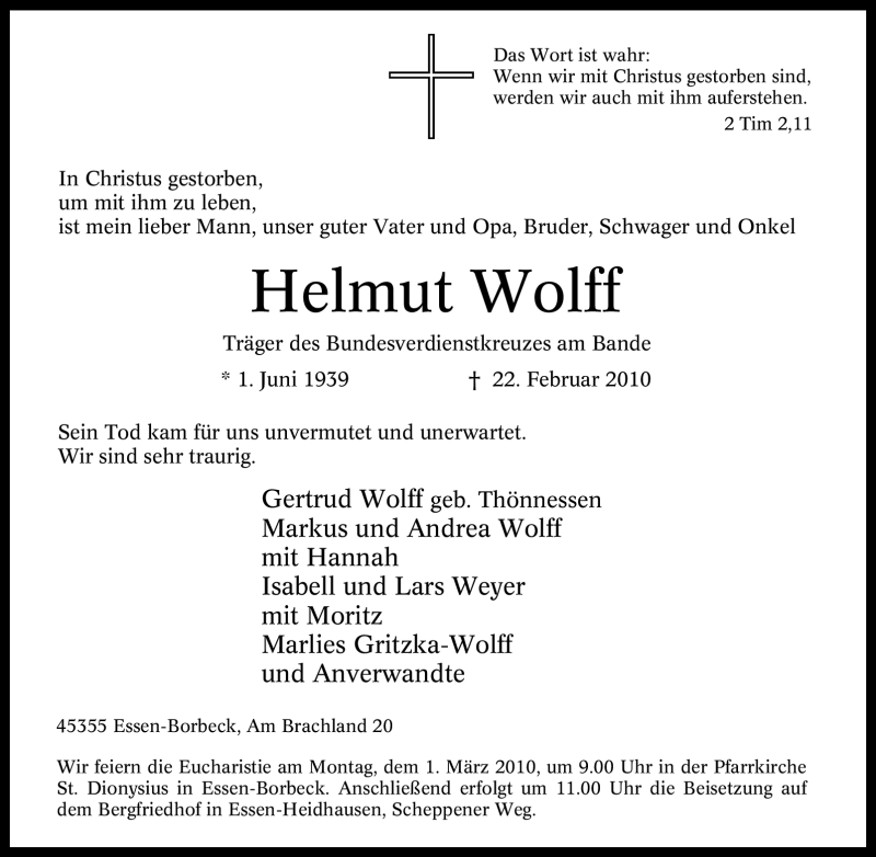  Traueranzeige für Helmut Wolff vom 24.02.2010 aus Tageszeitung