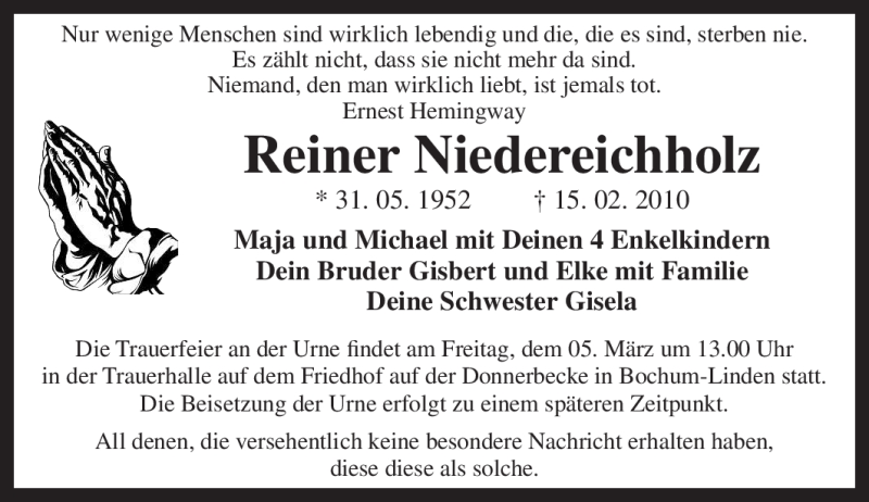  Traueranzeige für Reiner Niedereichholz vom 27.02.2010 aus Tageszeitung