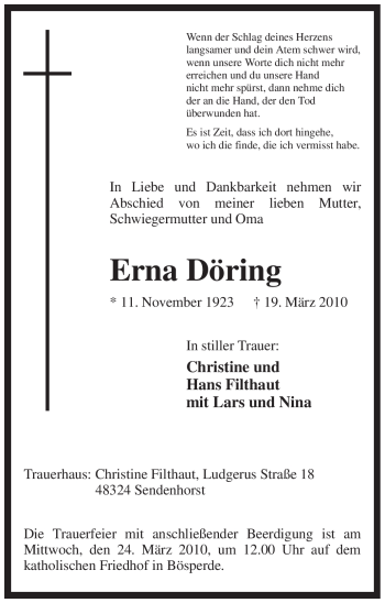 Traueranzeige von Erna Döring von Tageszeitung