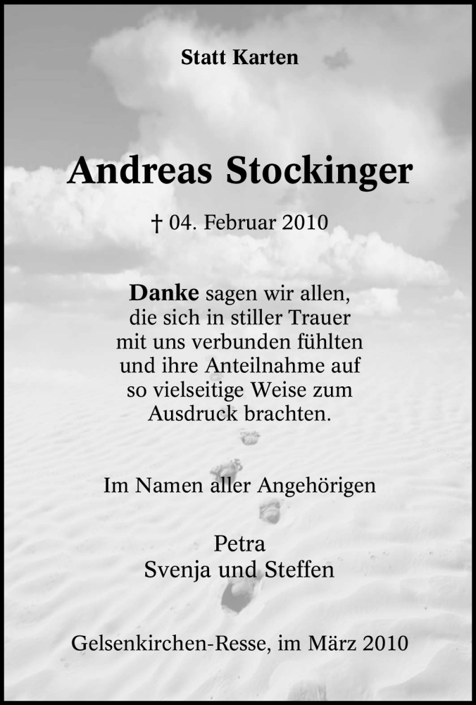  Traueranzeige für Andreas Stockinger vom 20.03.2010 aus Tageszeitung