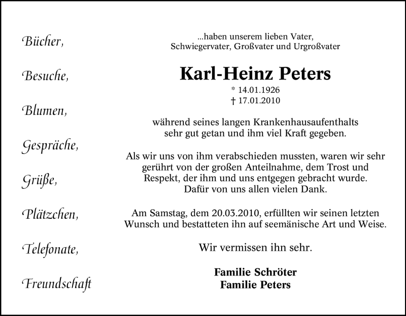 Traueranzeige für Karl-Heinz Peters vom 27.03.2010 aus Tageszeitung