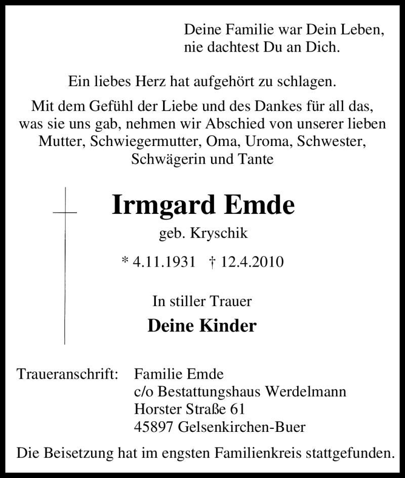  Traueranzeige für Irmgard Emde vom 17.04.2010 aus Tageszeitung