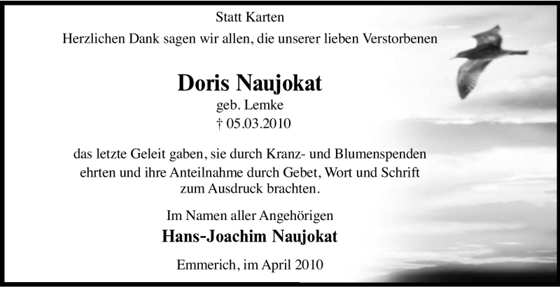  Traueranzeige für Doris Naujokat vom 24.04.2010 aus Tageszeitung
