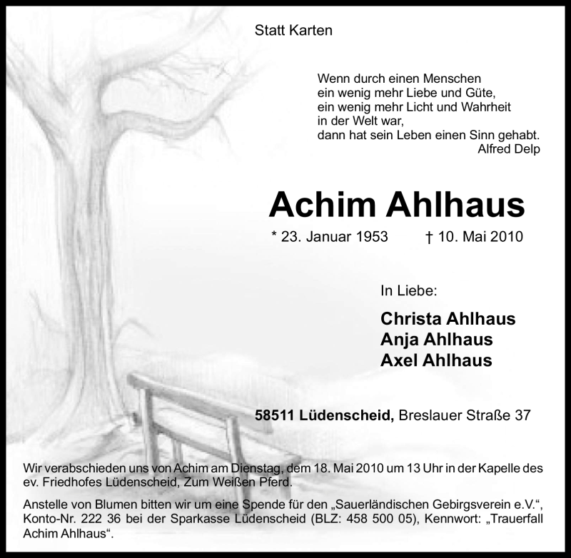  Traueranzeige für Achim Ahlhaus vom 12.05.2010 aus Tageszeitung