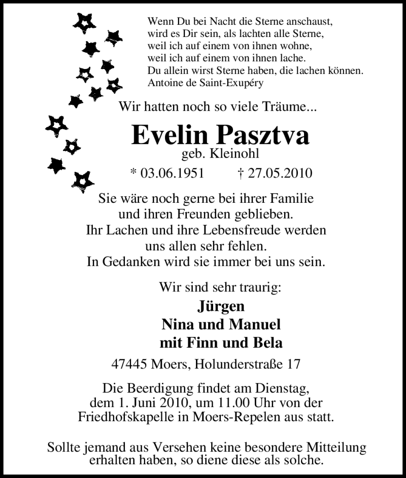 Traueranzeige für Evelgien Pasztva vom 29.05.2010 aus WESTDEUTSCHE ALLGEMEINE ZEITUNG