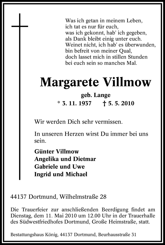  Traueranzeige für Margarete Villmow vom 08.05.2010 aus Tageszeitung