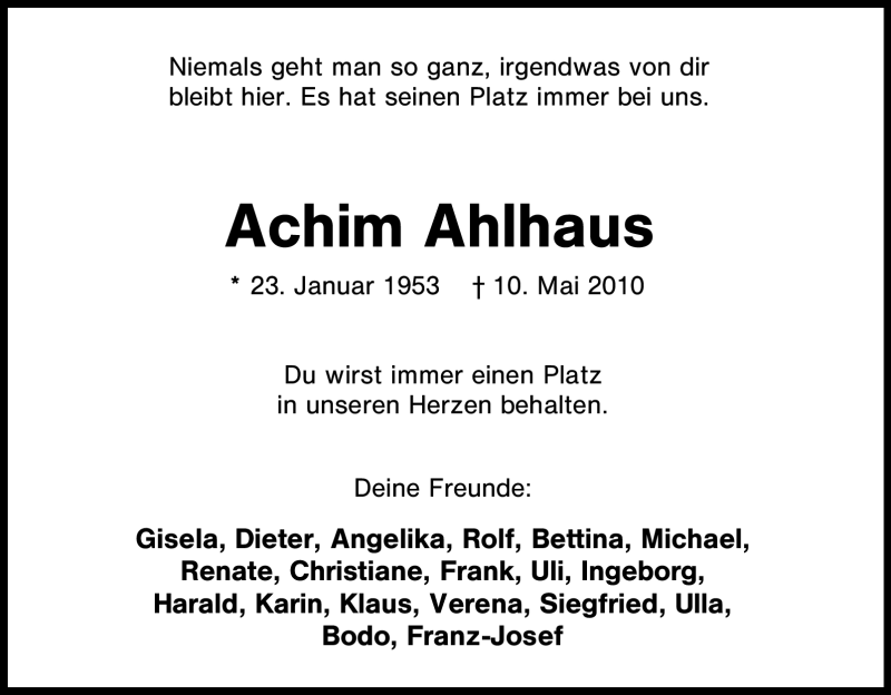  Traueranzeige für Achim Ahlhaus vom 12.05.2010 aus Tageszeitung