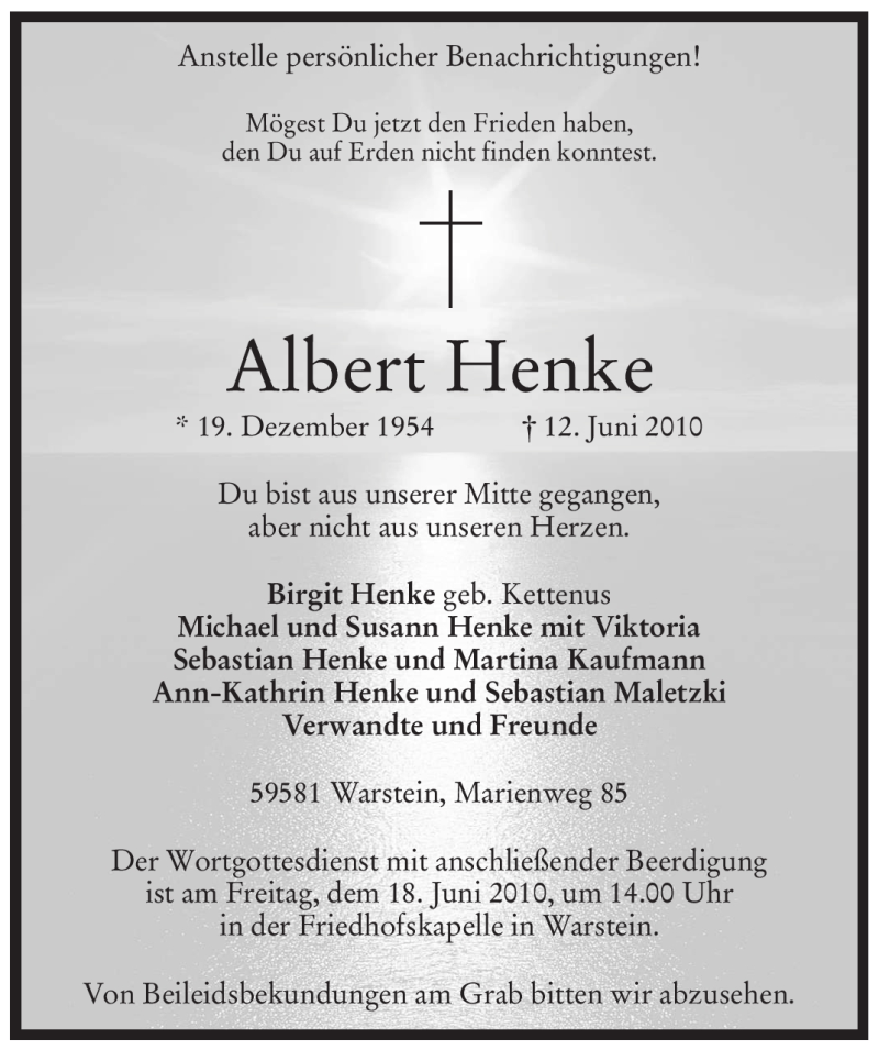  Traueranzeige für Albert Henke vom 14.06.2010 aus Tageszeitung