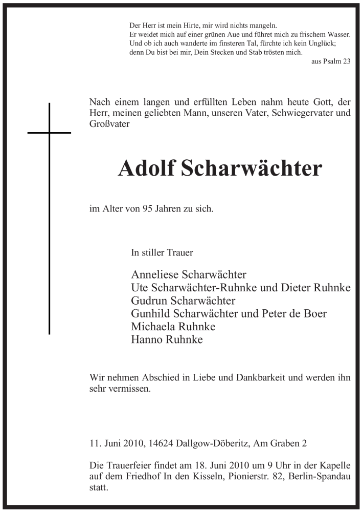  Traueranzeige für Adolf Scharwächter vom 15.06.2010 aus WESTDEUTSCHE ALLGEMEINE ZEITUNG
