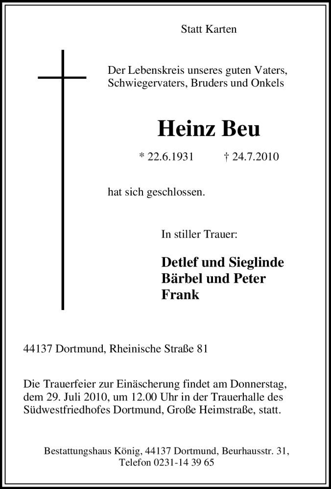  Traueranzeige für Heinz Beu vom 27.07.2010 aus WESTDEUTSCHE ALLGEMEINE ZEITUNG