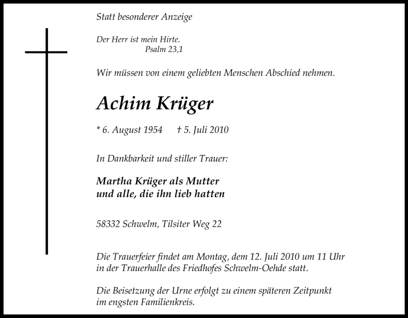  Traueranzeige für Achim Krüger vom 09.07.2010 aus Tageszeitung