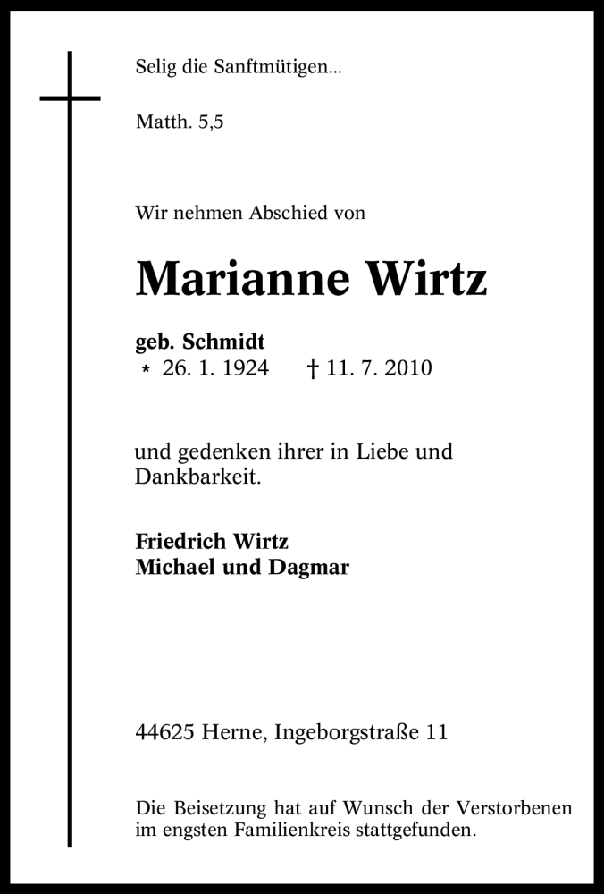  Traueranzeige für Marianne Wirtz vom 17.07.2010 aus Tageszeitung