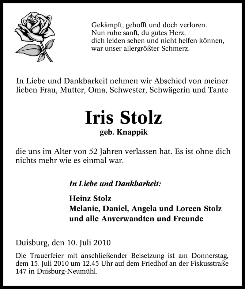  Traueranzeige für Iris Stolz vom 13.07.2010 aus Tageszeitung
