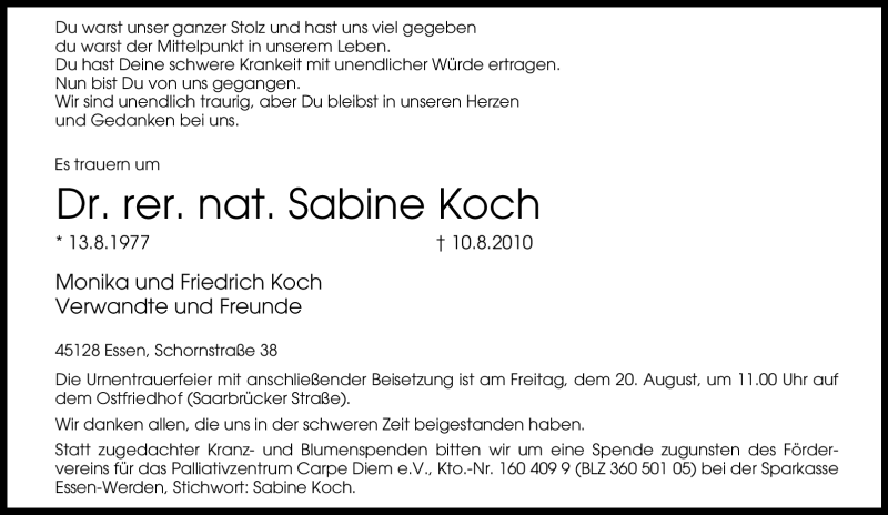  Traueranzeige für Sabine Koch vom 14.08.2010 aus WESTDEUTSCHE ALLGEMEINE ZEITUNG