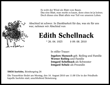 Traueranzeige von Edith Schellnack von WESTDEUTSCHE ALLGEMEINE ZEITUNG