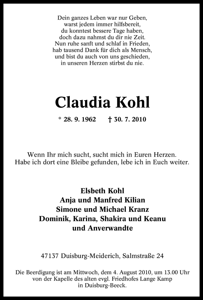  Traueranzeige für Claudia Kohl vom 02.08.2010 aus Tageszeitung