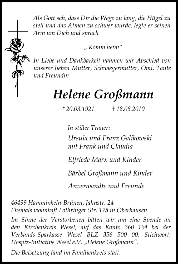 Traueranzeige für Helene Großmann vom 27.08.2010 aus WESTDEUTSCHE ALLGEMEINE ZEITUNG