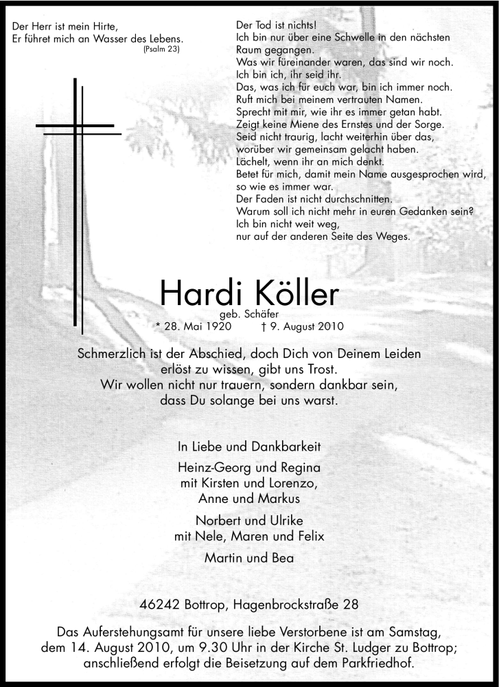  Traueranzeige für Hardi Köller vom 11.08.2010 aus WESTDEUTSCHE ALLGEMEINE ZEITUNG