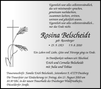 Traueranzeige von Rosina Belscheidt von WESTDEUTSCHE ALLGEMEINE ZEITUNG
