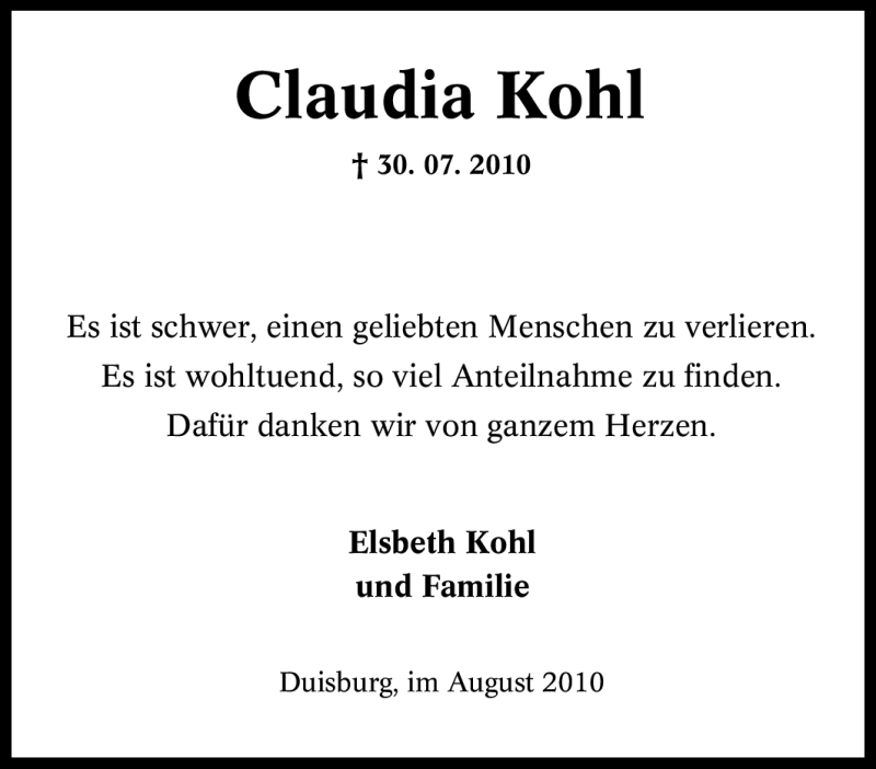  Traueranzeige für Claudia Kohl vom 25.08.2010 aus Tageszeitung