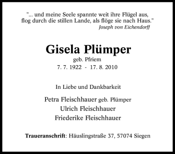 Traueranzeige von Gisela Pümper von Tageszeitung