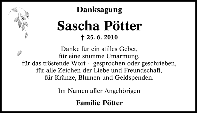  Traueranzeige für Sascha Pötter vom 07.08.2010 aus Tageszeitung