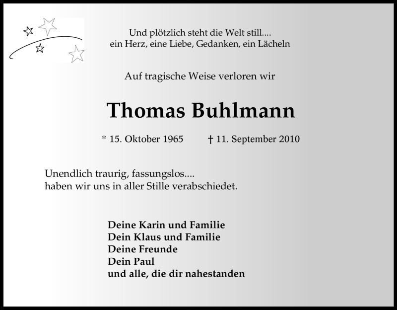  Traueranzeige für Thomas Buhlmann vom 22.09.2010 aus Tageszeitung