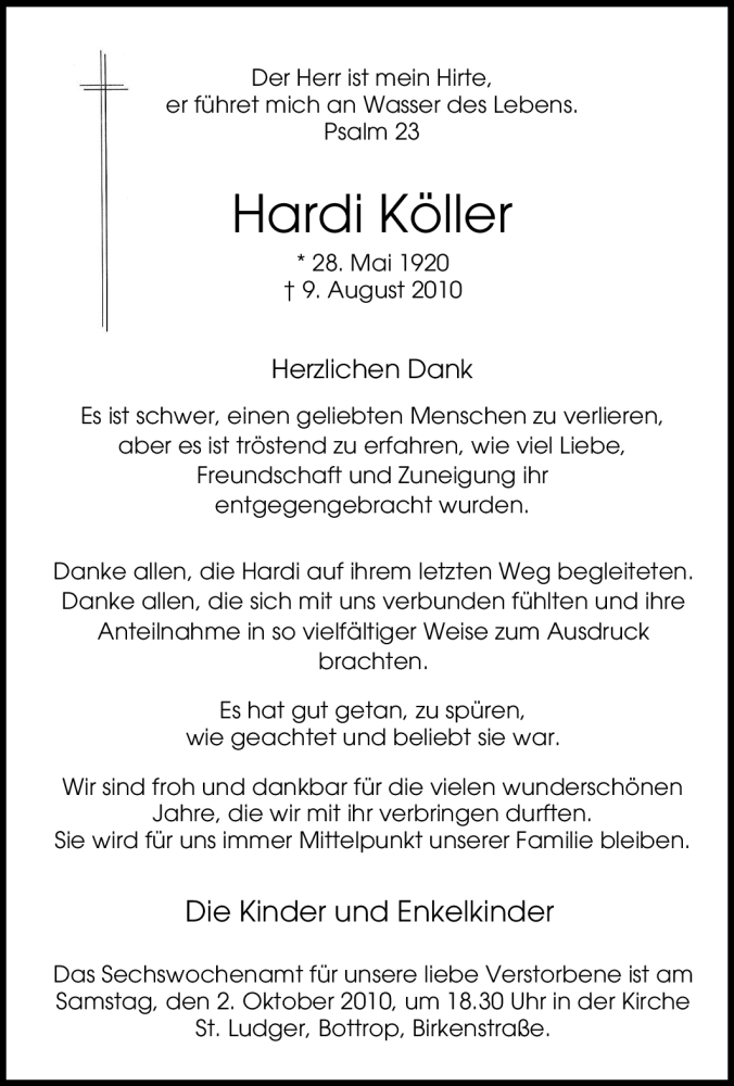  Traueranzeige für Hardi Köller vom 29.09.2010 aus WESTDEUTSCHE ALLGEMEINE ZEITUNG