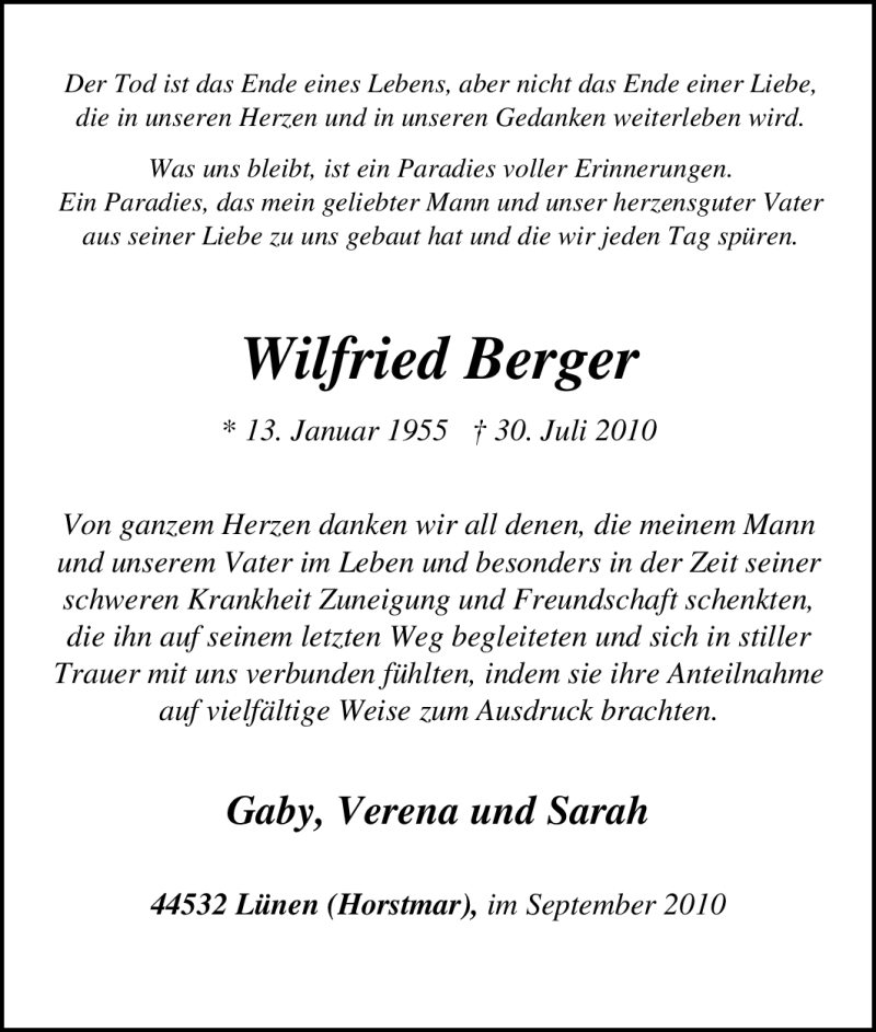  Traueranzeige für Wilfried Berger vom 04.09.2010 aus Tageszeitung