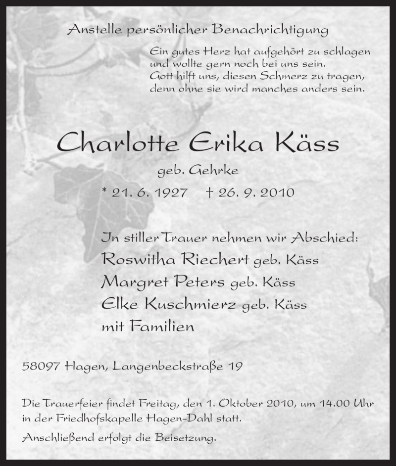  Traueranzeige für Charlotte Erika Käss vom 29.09.2010 aus Tageszeitung