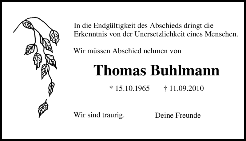  Traueranzeige für Thomas Buhlmann vom 25.09.2010 aus Tageszeitung