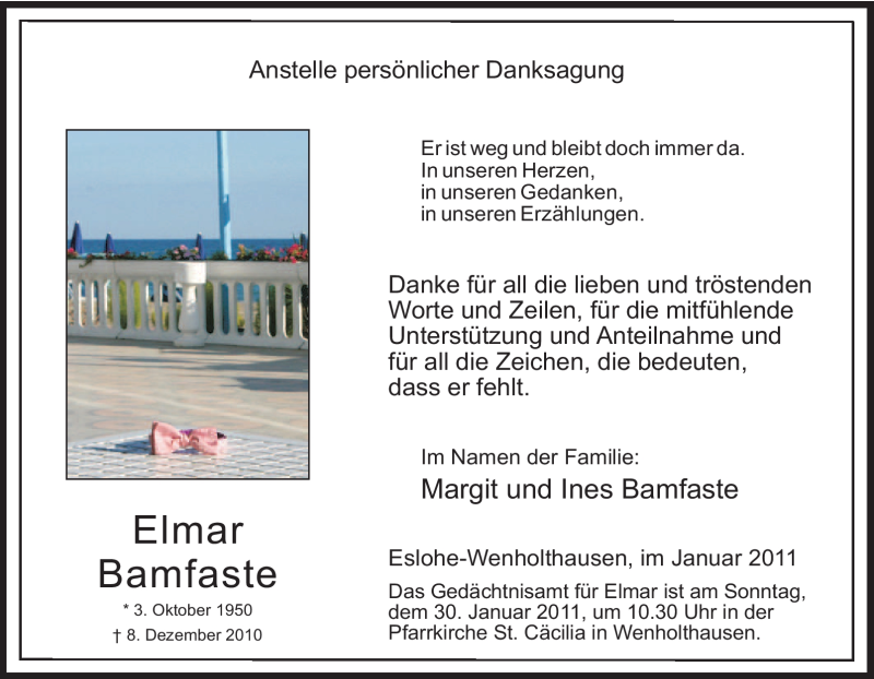  Traueranzeige für Elmar Bamfaste vom 26.01.2011 aus Tageszeitung