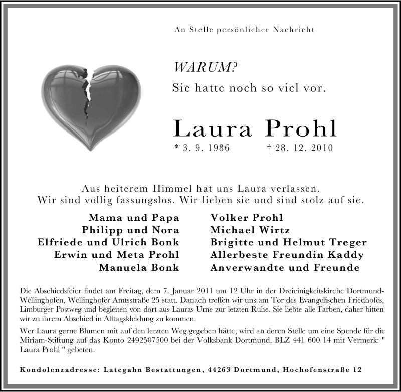  Traueranzeige für Laura Prohl vom 04.01.2011 aus WESTDEUTSCHE ALLGEMEINE ZEITUNG
