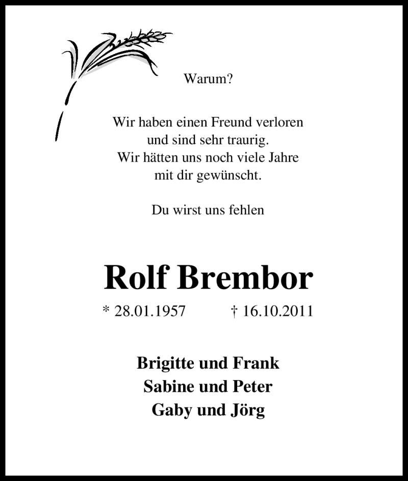  Traueranzeige für Rolf Brembor vom 19.10.2011 aus Tageszeitung