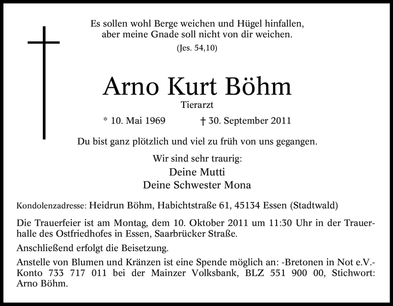  Traueranzeige für Arno Kurt Böhm vom 06.10.2011 aus Tageszeitung