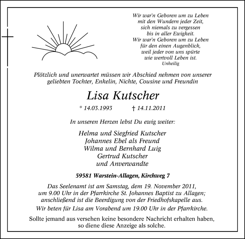  Traueranzeige für Lisa Kutscher vom 17.11.2011 aus WESTDEUTSCHE ALLGEMEINE ZEITUNG