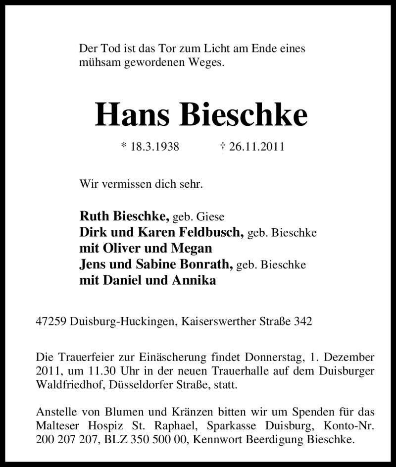  Traueranzeige für Hans Bieschke vom 29.11.2011 aus Tageszeitung