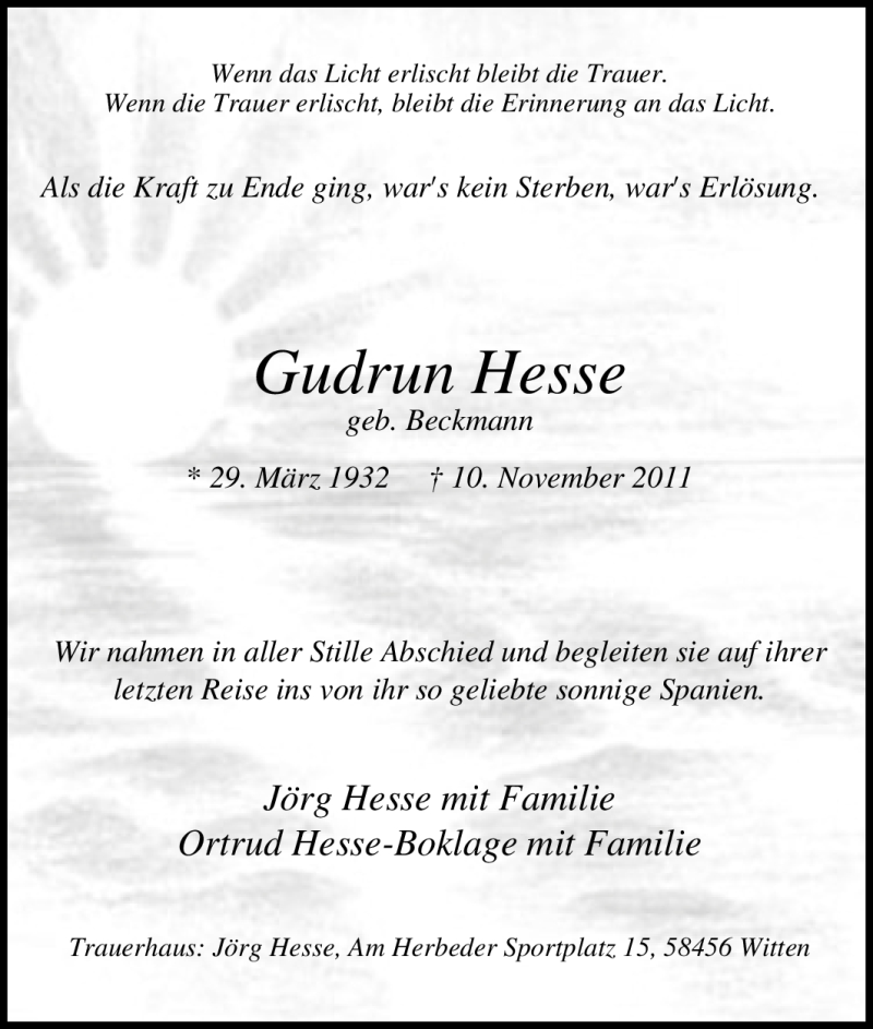  Traueranzeige für Gudrun Hesse vom 19.11.2011 aus Tageszeitung