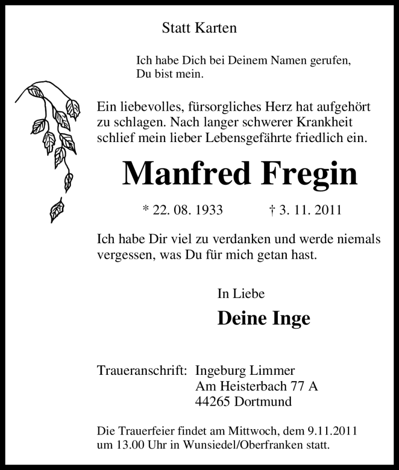  Traueranzeige für Manfred Fregin vom 07.11.2011 aus Tageszeitung