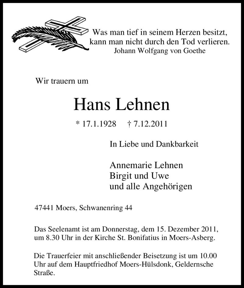  Traueranzeige für Hans Lehnen vom 12.12.2011 aus Tageszeitung