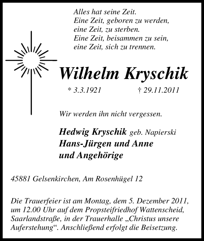  Traueranzeige für Wilhelm Kryschik vom 02.12.2011 aus Tageszeitung
