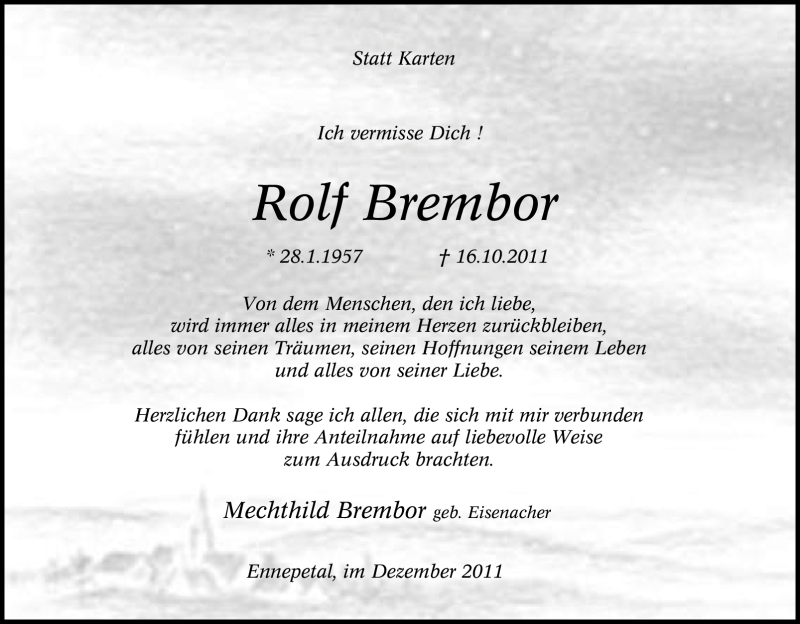  Traueranzeige für Rolf Brembor vom 03.12.2011 aus Tageszeitung